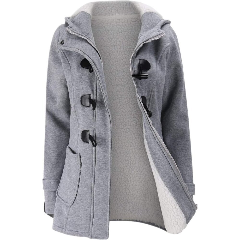 Womens Fashion Horn Button Fleece Thicken Coat with Hood Winter Warm Jacket